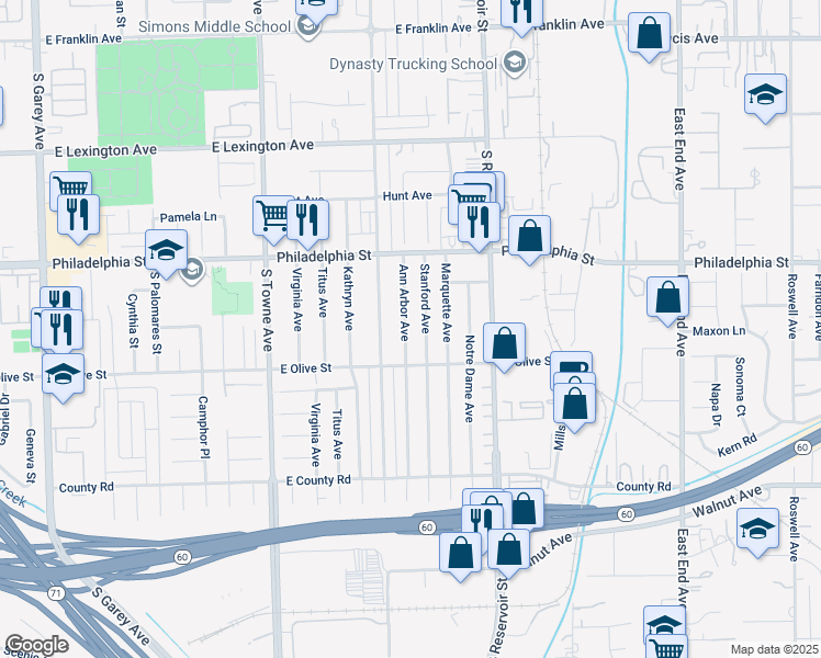 map of restaurants, bars, coffee shops, grocery stores, and more near 2236 Ann Arbor Avenue in Pomona