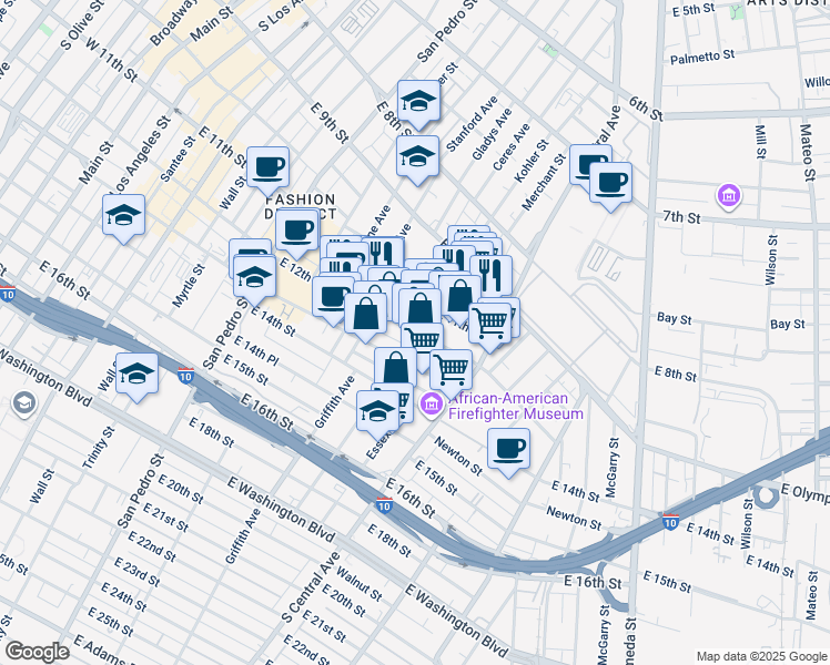 map of restaurants, bars, coffee shops, grocery stores, and more near 743 Paloma Street in Los Angeles