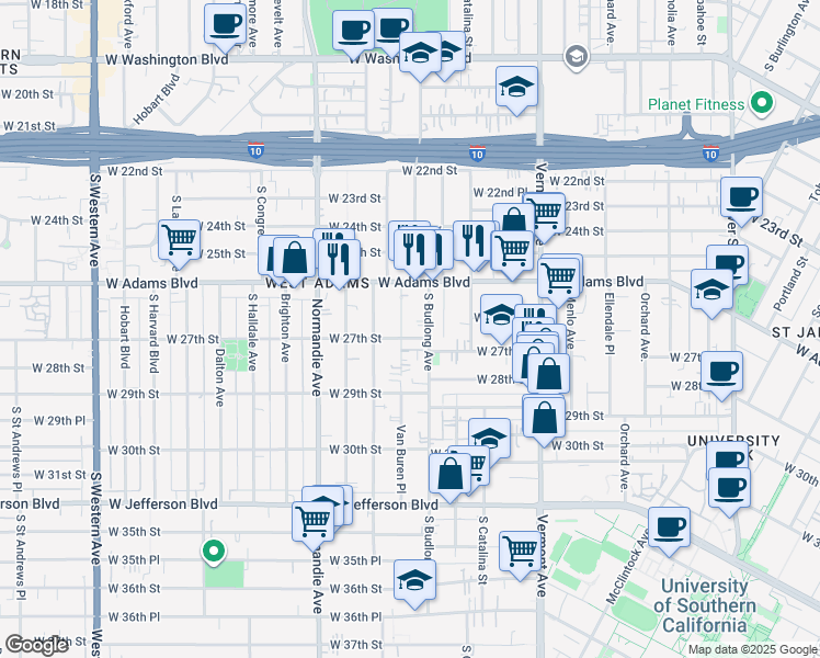 map of restaurants, bars, coffee shops, grocery stores, and more near 2711 South Budlong Avenue in Los Angeles