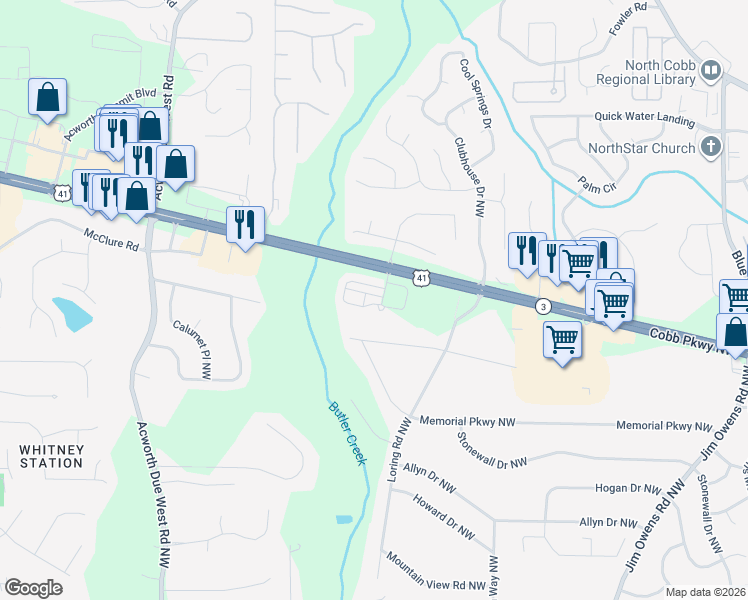 map of restaurants, bars, coffee shops, grocery stores, and more near 3807 Cyrus Ridge Way Northwest in Kennesaw