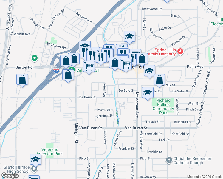 map of restaurants, bars, coffee shops, grocery stores, and more near 22374 Blue Lupine Circle in Grand Terrace