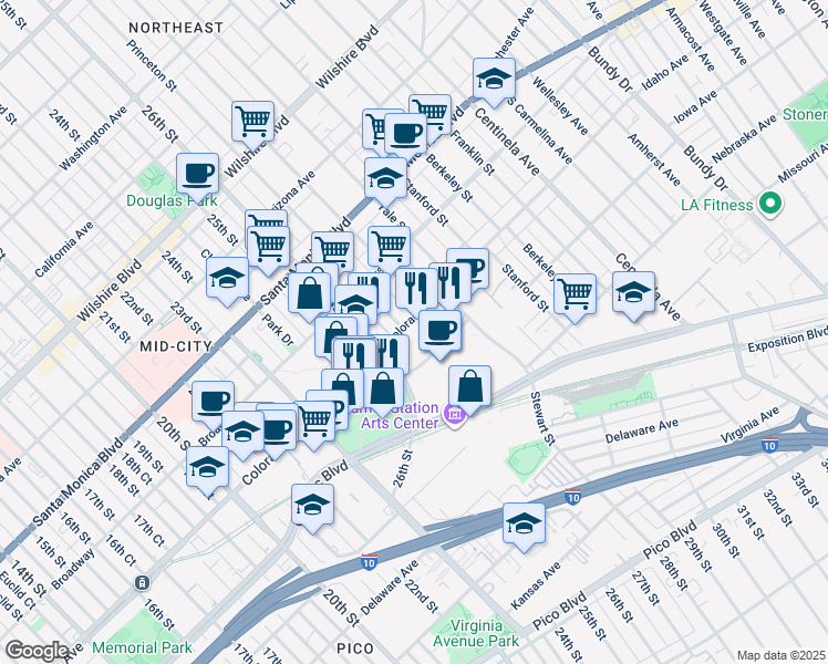 map of restaurants, bars, coffee shops, grocery stores, and more near 1633 26th Street in Santa Monica