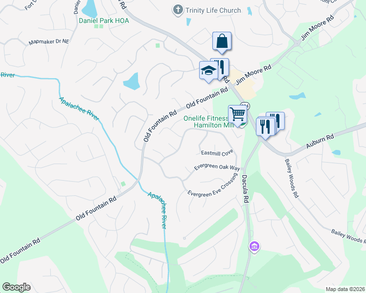 map of restaurants, bars, coffee shops, grocery stores, and more near 3180 Evergreen Eve Crossing in Dacula