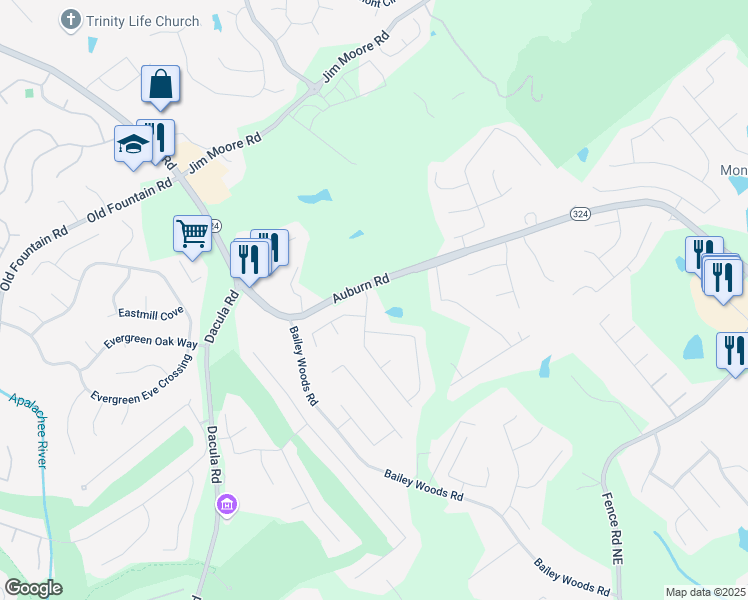 map of restaurants, bars, coffee shops, grocery stores, and more near 981 Charles Hall Drive in Dacula