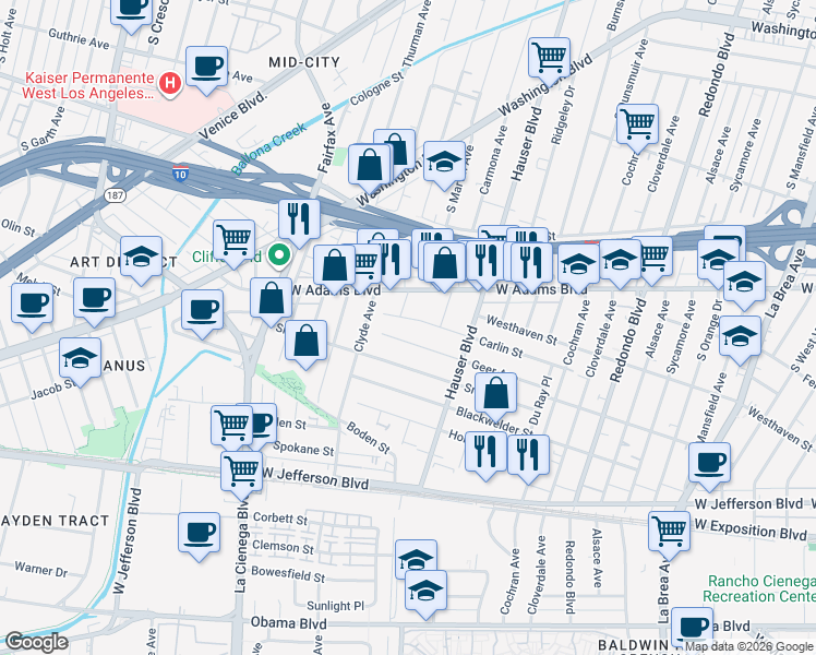 map of restaurants, bars, coffee shops, grocery stores, and more near 5542 Geer Avenue in Los Angeles