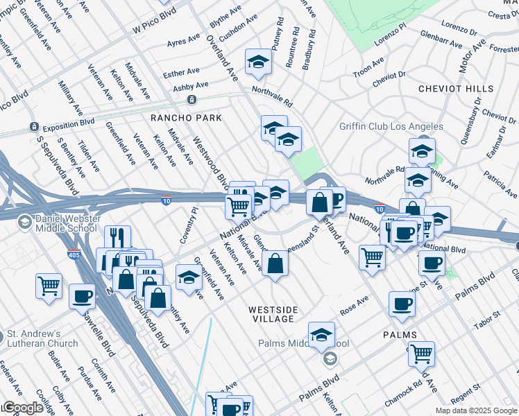 map of restaurants, bars, coffee shops, grocery stores, and more near 3030 Westwood Boulevard in Los Angeles