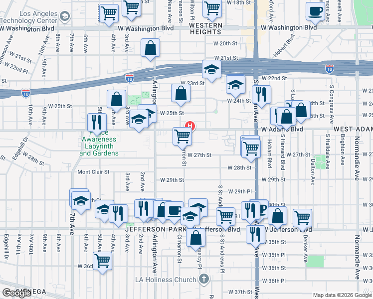 map of restaurants, bars, coffee shops, grocery stores, and more near 2220 West 27th Street in Los Angeles