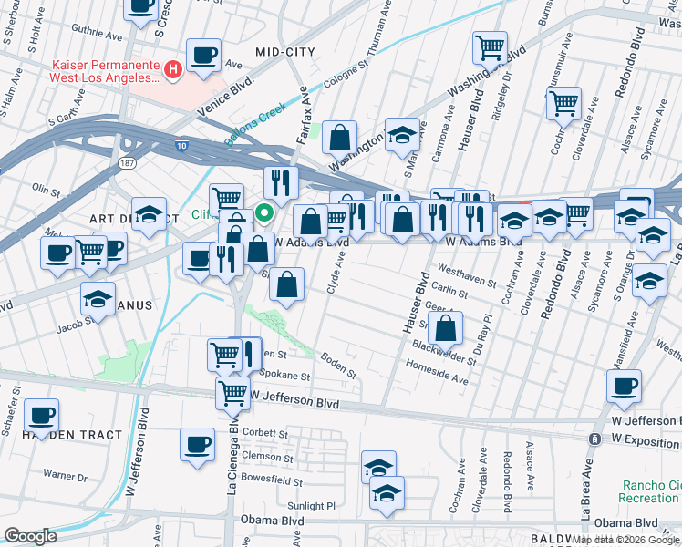 map of restaurants, bars, coffee shops, grocery stores, and more near 5621 Smiley Drive in Los Angeles