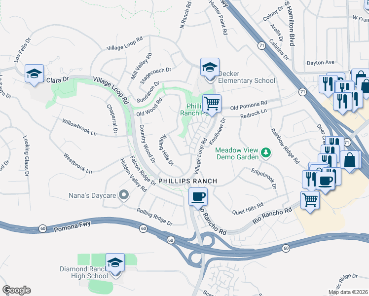 map of restaurants, bars, coffee shops, grocery stores, and more near 16 Greensboro Court in Pomona