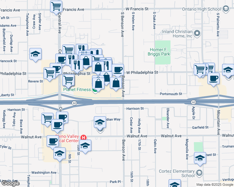 map of restaurants, bars, coffee shops, grocery stores, and more near 5545 Philadelphia Street in Chino