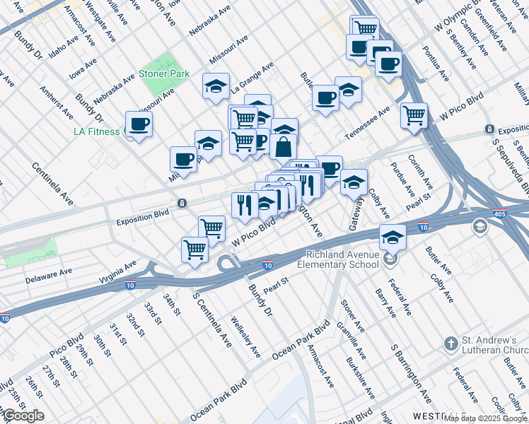 map of restaurants, bars, coffee shops, grocery stores, and more near 11758 Tennessee Avenue in Los Angeles