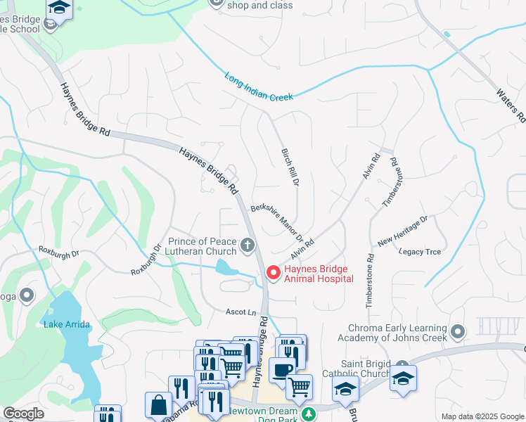 map of restaurants, bars, coffee shops, grocery stores, and more near 10355 Ash Rill Drive in Alpharetta