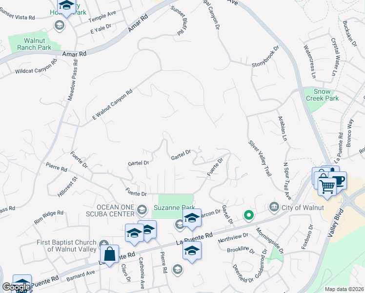 map of restaurants, bars, coffee shops, grocery stores, and more near 20759 Gartel Drive in Walnut