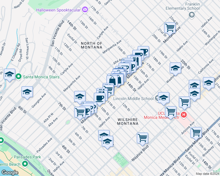 map of restaurants, bars, coffee shops, grocery stores, and more near 723 12th Street in Santa Monica