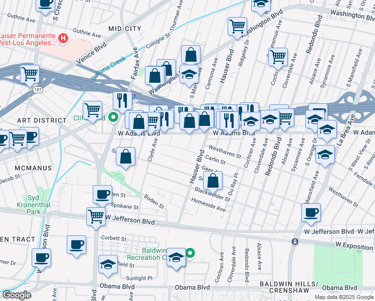 map of restaurants, bars, coffee shops, grocery stores, and more near Carmona Avenue in Los Angeles