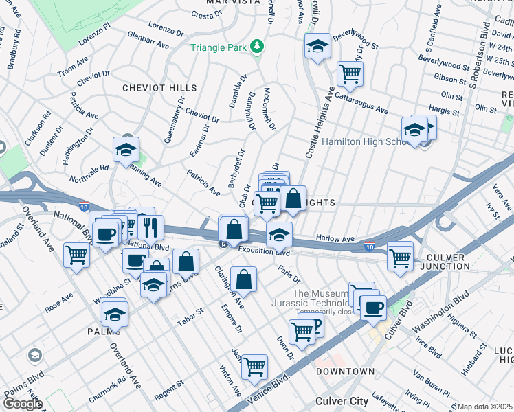 map of restaurants, bars, coffee shops, grocery stores, and more near 3353 Shelby Drive in Los Angeles