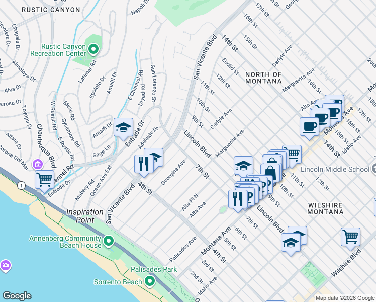 map of restaurants, bars, coffee shops, grocery stores, and more near 704 Georgina Avenue in Santa Monica