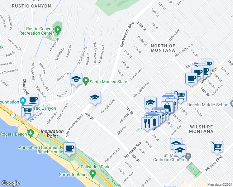 map of restaurants, bars, coffee shops, grocery stores, and more near 704 Georgina Avenue in Santa Monica