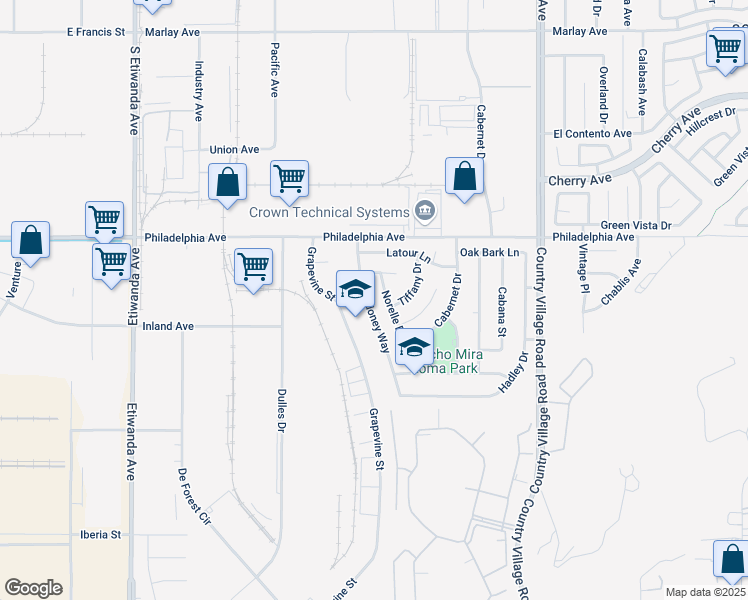 map of restaurants, bars, coffee shops, grocery stores, and more near 3140 Chardoney Way in Jurupa Valley