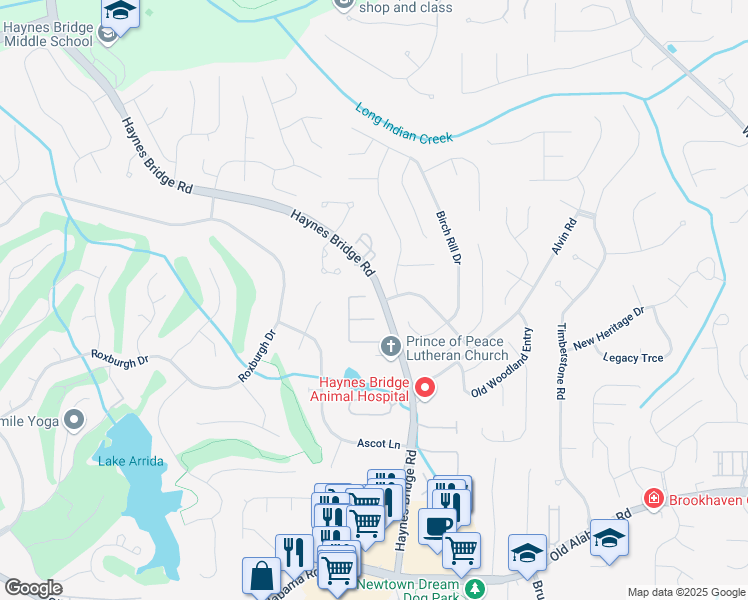 map of restaurants, bars, coffee shops, grocery stores, and more near 2995 Haynes Trail in Alpharetta
