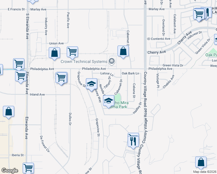 map of restaurants, bars, coffee shops, grocery stores, and more near 3140 Tiffany Drive in Jurupa Valley