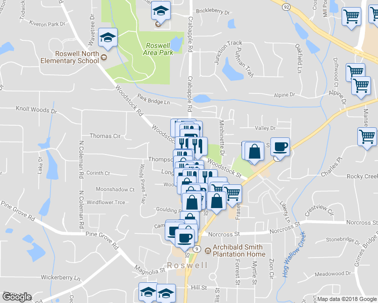 map of restaurants, bars, coffee shops, grocery stores, and more near 0 Woodstock Road in Roswell