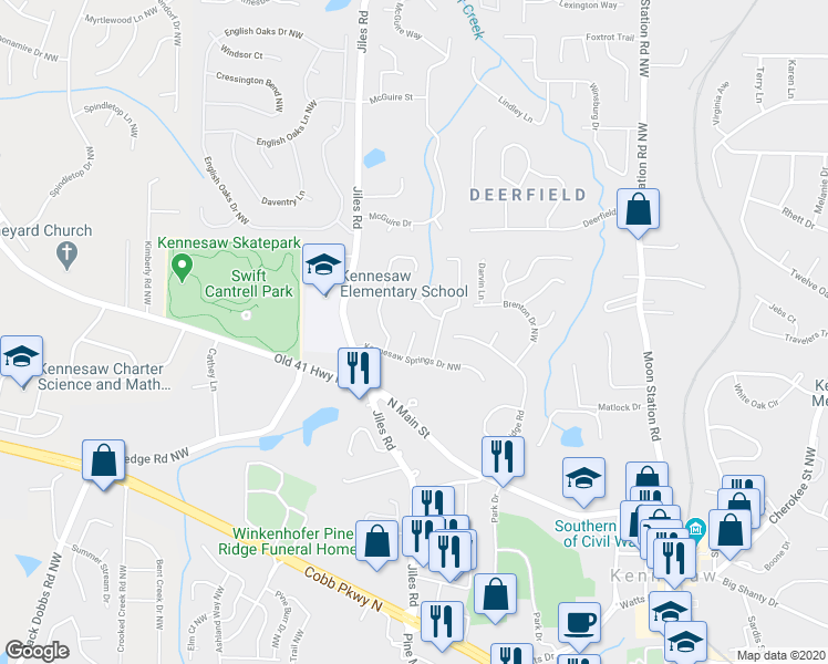 map of restaurants, bars, coffee shops, grocery stores, and more near 1175 Kennesaw Springs Place Northwest in Kennesaw