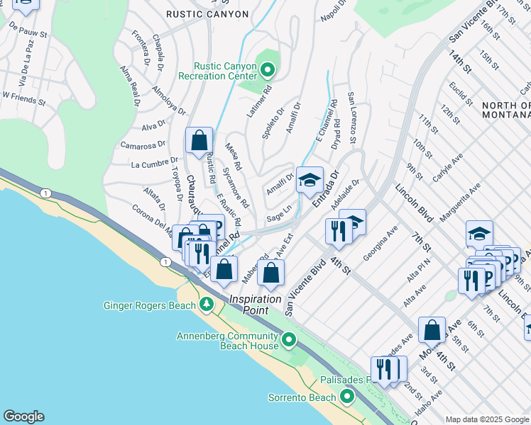 map of restaurants, bars, coffee shops, grocery stores, and more near 275 Amalfi Drive in Santa Monica