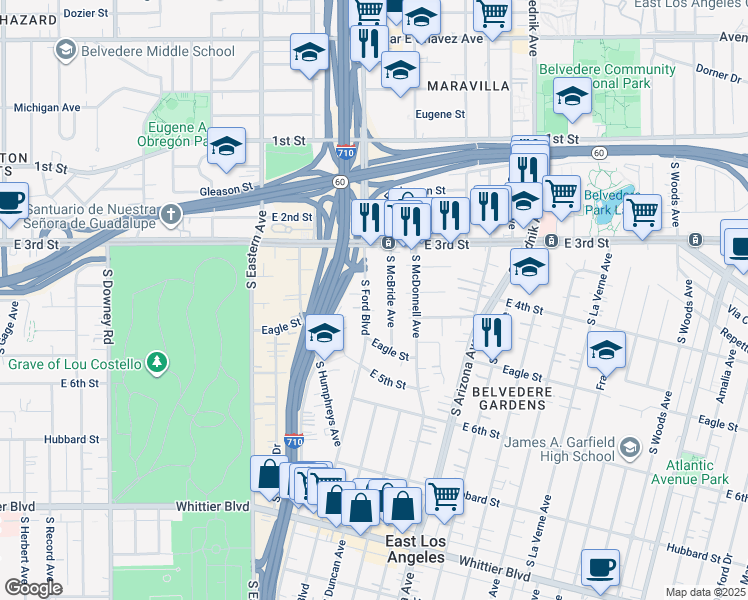 map of restaurants, bars, coffee shops, grocery stores, and more near 410 South Ford Boulevard in East Los Angeles