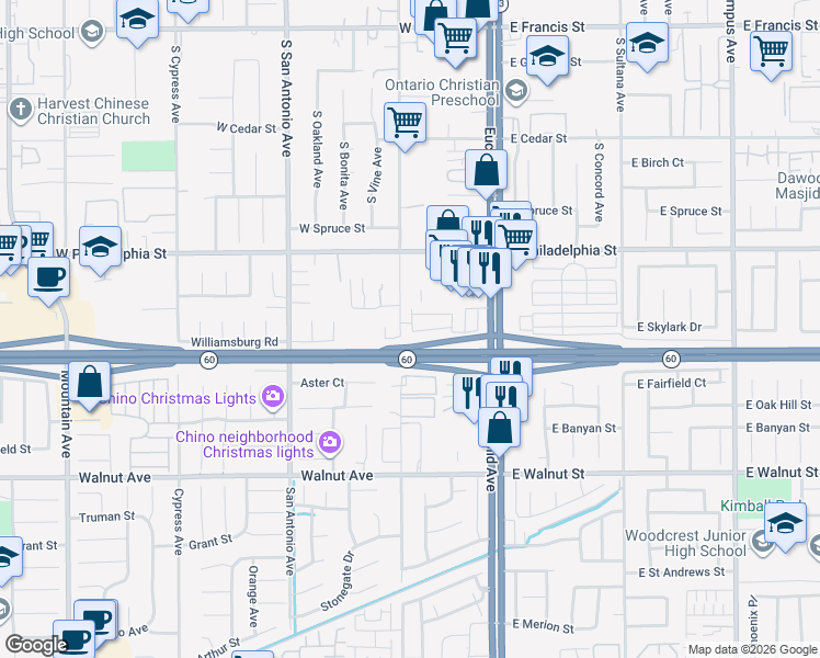 map of restaurants, bars, coffee shops, grocery stores, and more near 2381 Via Promenade in Ontario