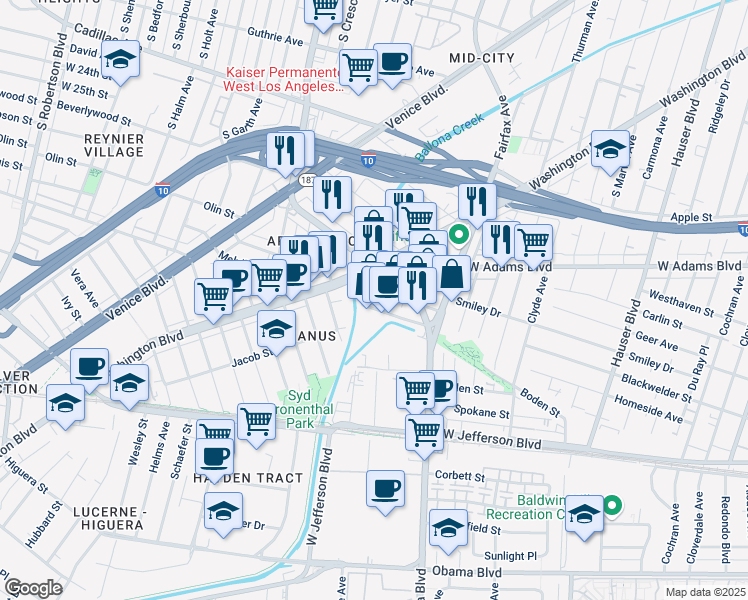 map of restaurants, bars, coffee shops, grocery stores, and more near 5905 Smiley Drive in Culver City