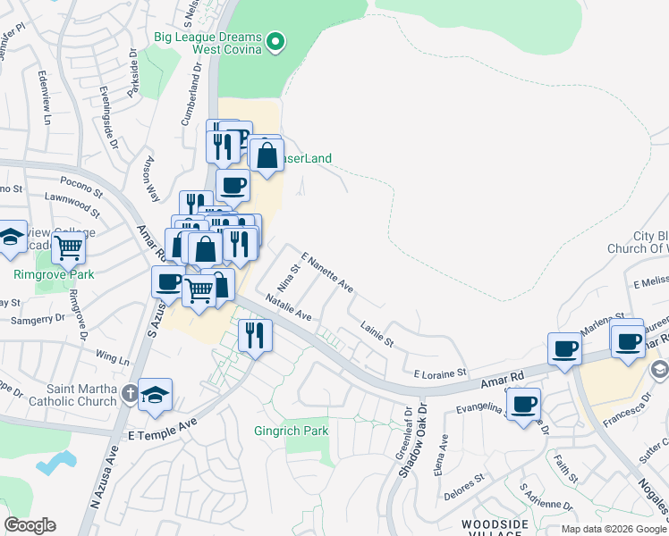 map of restaurants, bars, coffee shops, grocery stores, and more near 1725 East Nanette Avenue in West Covina