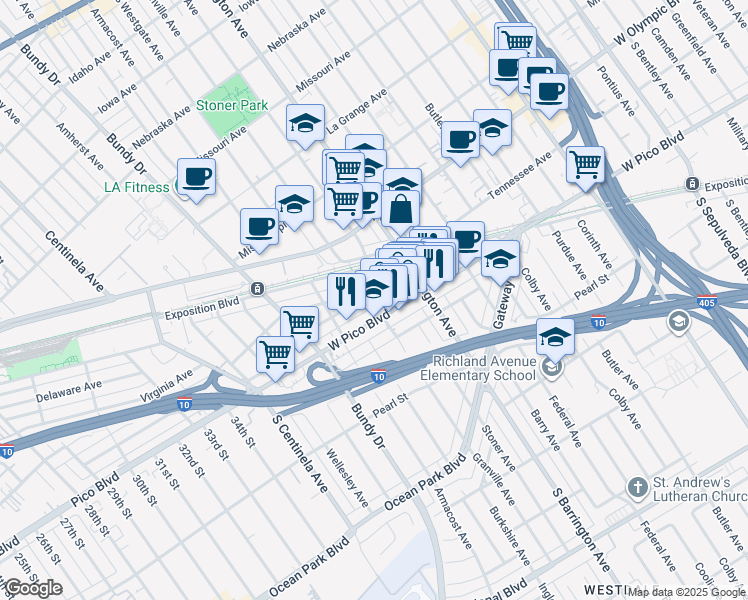 map of restaurants, bars, coffee shops, grocery stores, and more near 11758 Tennessee Avenue in Los Angeles