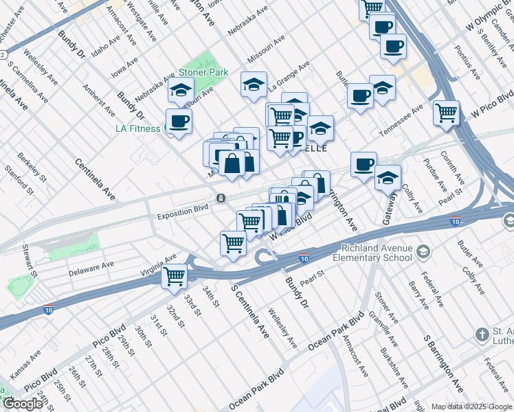 map of restaurants, bars, coffee shops, grocery stores, and more near 11838 Exposition Boulevard in Los Angeles