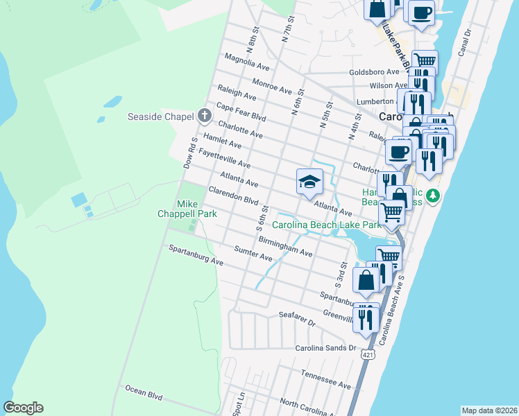 map of restaurants, bars, coffee shops, grocery stores, and more near 612 Clarendon Blvd in Carolina Beach