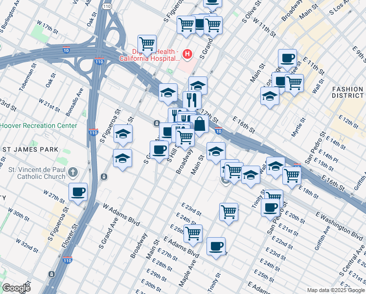 map of restaurants, bars, coffee shops, grocery stores, and more near 149 West Washington Boulevard in Los Angeles