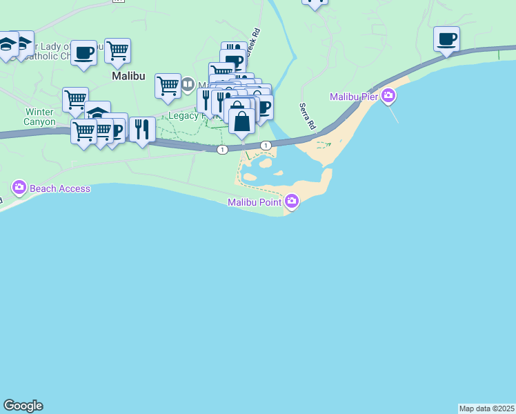 map of restaurants, bars, coffee shops, grocery stores, and more near 107 Malibu Colony Road in Malibu