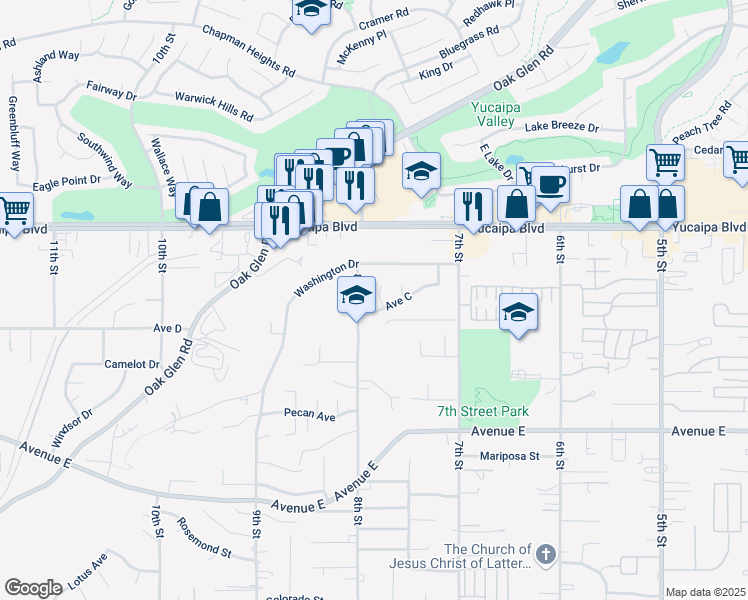 map of restaurants, bars, coffee shops, grocery stores, and more near 12203 8th Street in Yucaipa