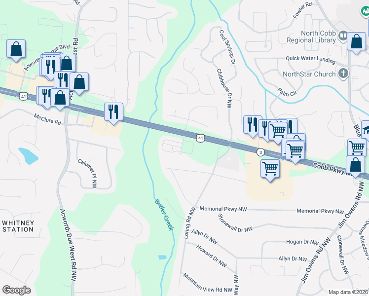 map of restaurants, bars, coffee shops, grocery stores, and more near 3912 Cyrus Crest Circle Northwest in Kennesaw