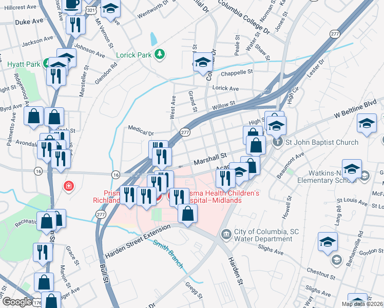 map of restaurants, bars, coffee shops, grocery stores, and more near 1913 Liberty Street in Columbia
