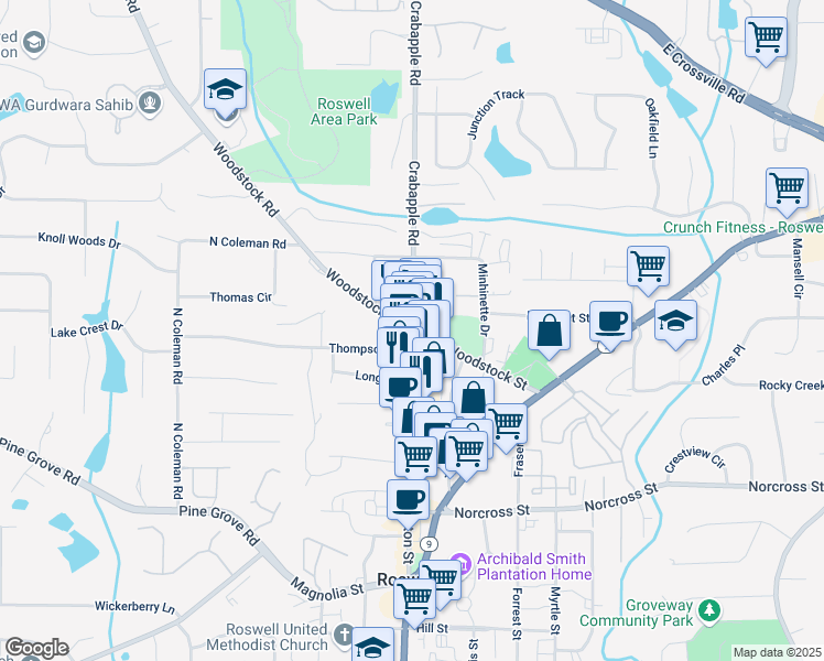map of restaurants, bars, coffee shops, grocery stores, and more near Woodstock Rd & Canton St in Roswell