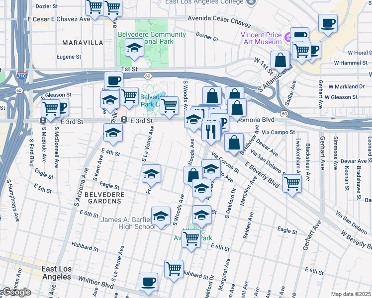 map of restaurants, bars, coffee shops, grocery stores, and more near 5073 Repetto Avenue in East Los Angeles