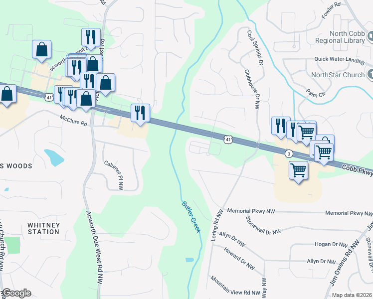 map of restaurants, bars, coffee shops, grocery stores, and more near 3954 Cyrus Crest Circle Northwest in Kennesaw