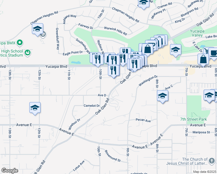 map of restaurants, bars, coffee shops, grocery stores, and more near 33398 Oak Glen Road in Yucaipa