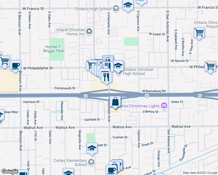 map of restaurants, bars, coffee shops, grocery stores, and more near 2289 South Mountain Avenue in Ontario