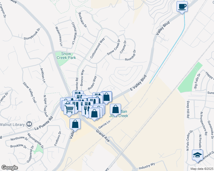 map of restaurants, bars, coffee shops, grocery stores, and more near 22013 Florence Circle in Walnut