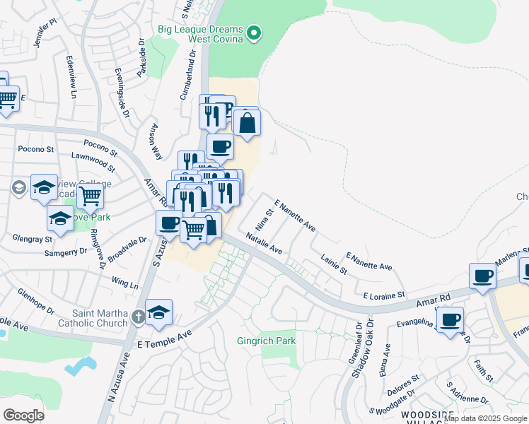 map of restaurants, bars, coffee shops, grocery stores, and more near 1627 South Nadine Street in West Covina