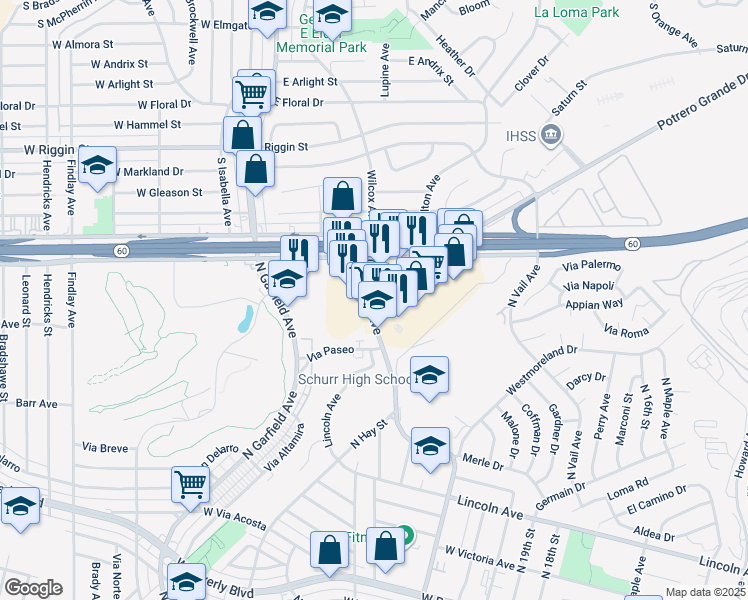 map of restaurants, bars, coffee shops, grocery stores, and more near 884 N Wilcox Ave in Montebello