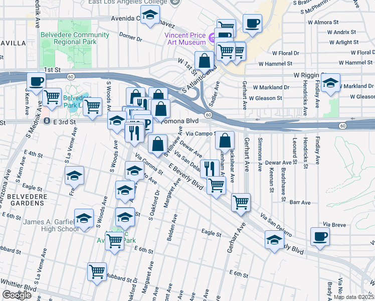 map of restaurants, bars, coffee shops, grocery stores, and more near 287 South Oakford Drive in East Los Angeles