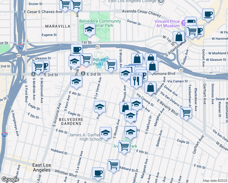 map of restaurants, bars, coffee shops, grocery stores, and more near 5073 Repetto Avenue in East Los Angeles